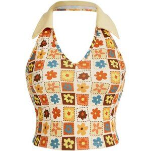 Plus Size Backless Floral V Neck Halter Crop Top Sleeveless Summer Tank